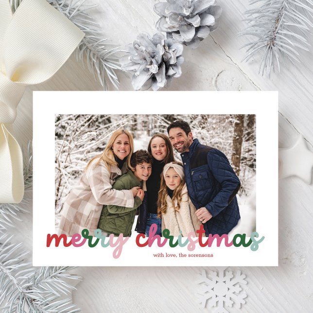 Colourful Script Two Photo Merry Christmas  Holiday Card (Creator Uploaded)
