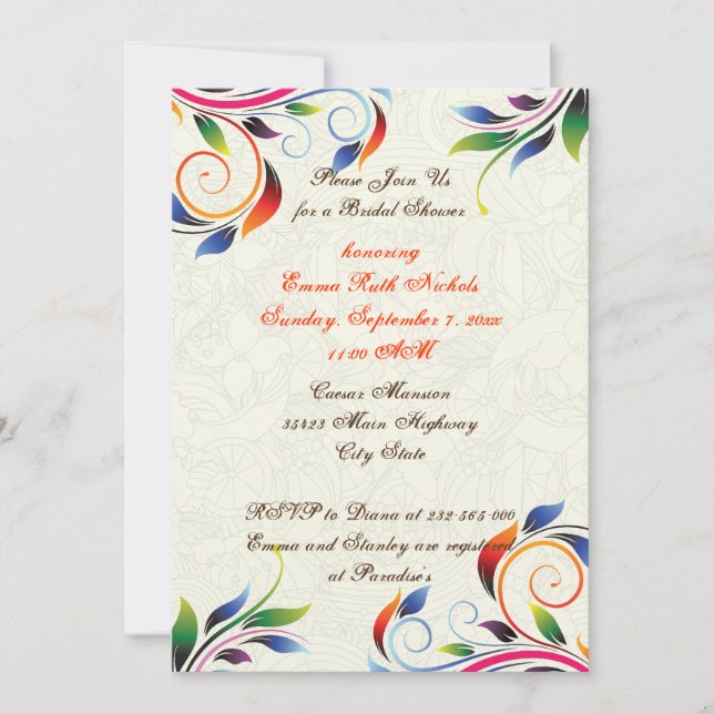 Colourful scroll leaf ecru wedding bridal shower invitation (Front)