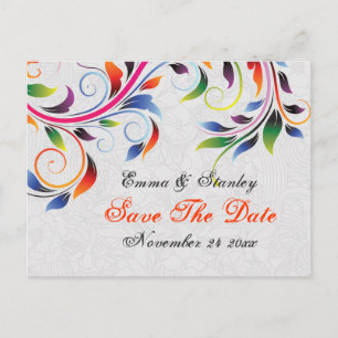Colourful scroll leaf grey wedding Save the Date Announcement Postcard
