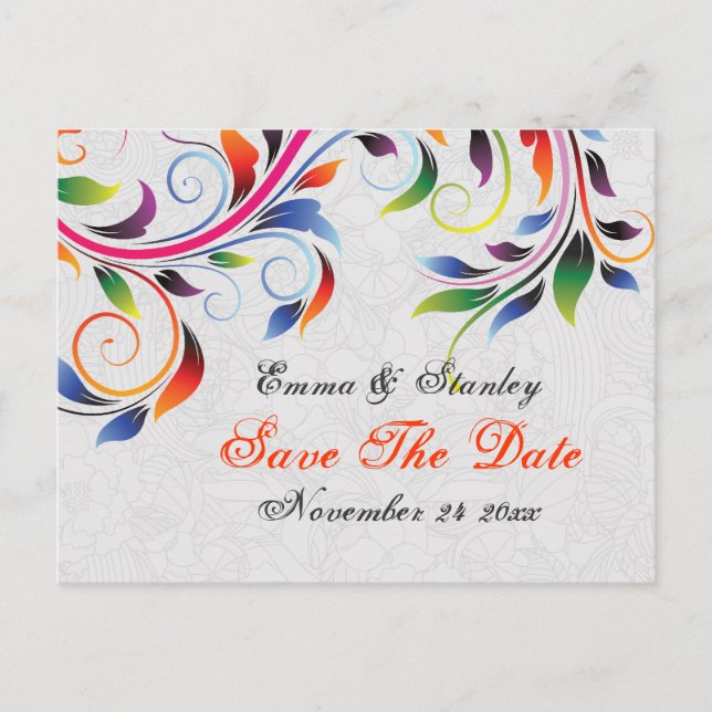 Colourful scroll leaf grey wedding Save the Date Announcement Postcard (Front)