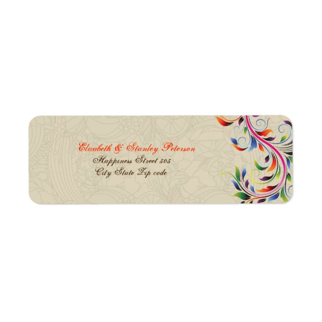 Colourful scroll leaf on beige wedding label (Front)
