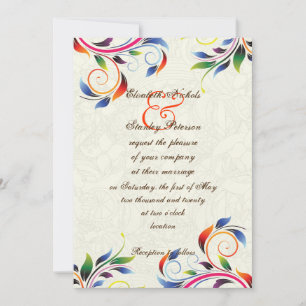Colourful scroll leaf on ecru wedding invitation