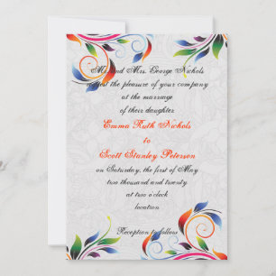Colourful scroll leaf on grey wedding invitation