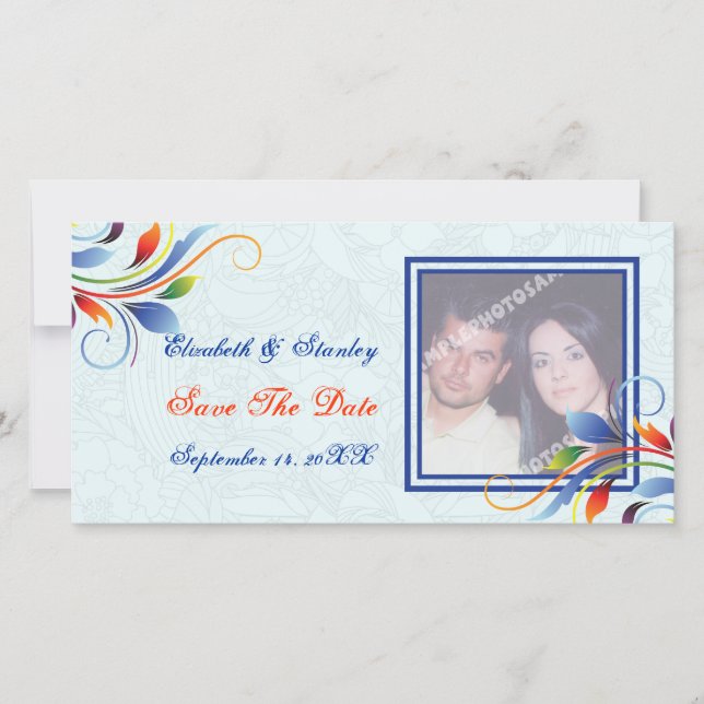 Colourful scroll leaf pale blue Save the Date (Front)