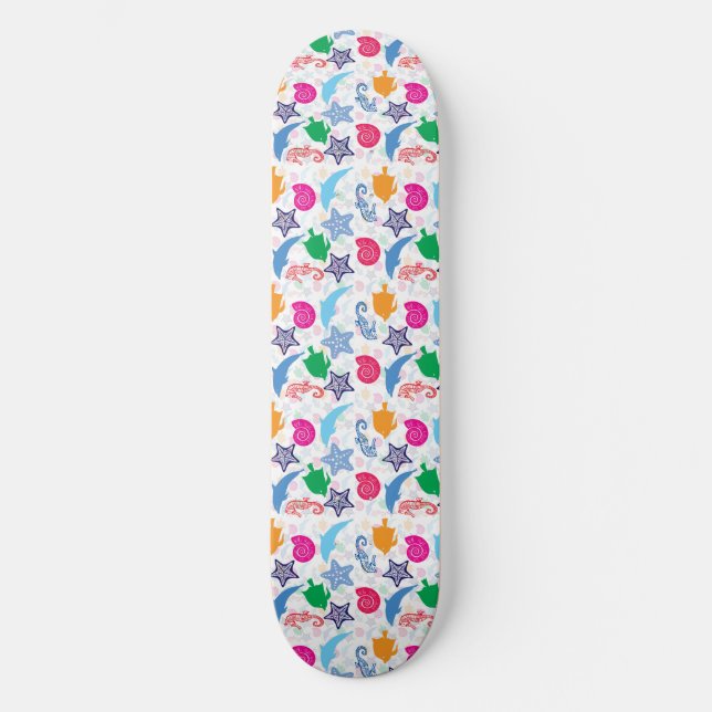 Colourful Sea Animals Illustration Pattern Skateboard (Front)