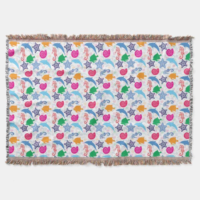 Colourful Sea Animals Illustration Pattern Throw Blanket (Front)