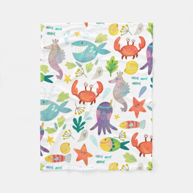 Colourful Sea Animals Seamless Pattern Fleece Blanket (Front)
