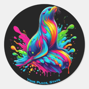 Colourful Sea Lion Splash Classic Round Sticker