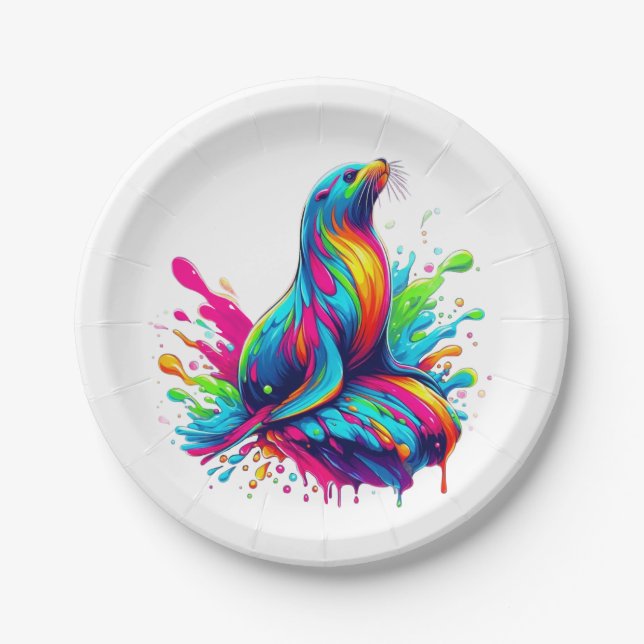 Colourful Sea Lion Splash Paper Plate (Front)