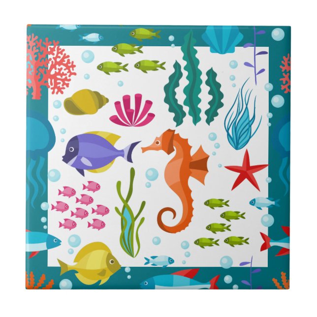 Colourful Sea Plants & Animals Cartoon Illustratio Tile (Front)