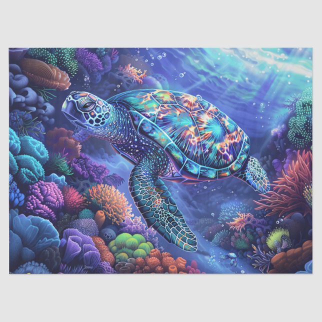Colourful Sea Turtle and Coral Decoupage Tissue Paper (Front)