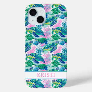 Colourful Sea Turtles Monogrammed iPhone 15 Case