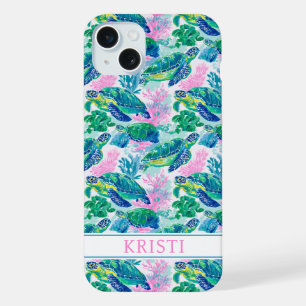Colourful Sea Turtles Monogrammed iPhone 15 Plus Case