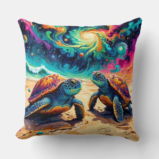 Colourful Sea Turtles Under a Cosmic Sky Cushion (Front)