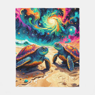 Colourful Sea Turtles Under a Cosmic Sky Fleece Blanket