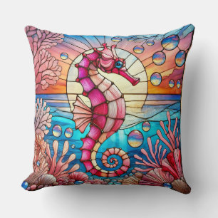 Colourful Seahorse in Decorative Stained Glass Cushion