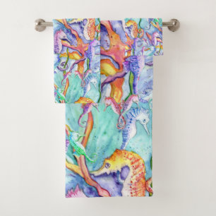 Colourful Seahorse Ocean Watercolor Bath Towel Set