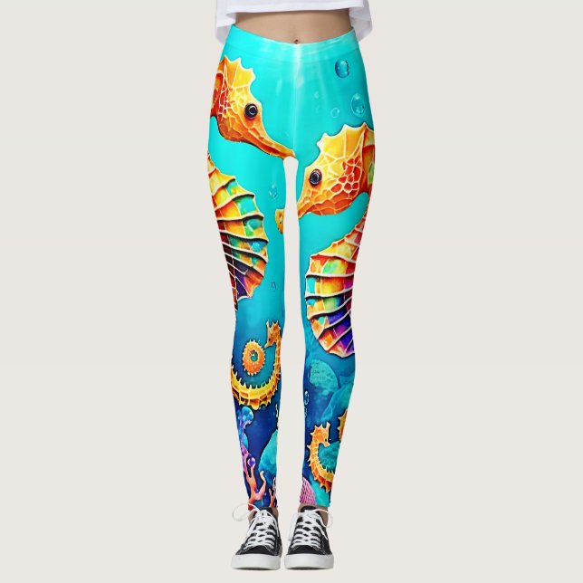 Colourful Seahorse Pair Design Leggings (Front)