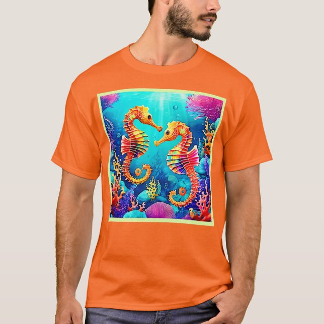 Colourful Seahorse Pair Design T-Shirt (Front)