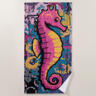 Colourful Seahorse Pop Art Splash Illustration Beach Towel