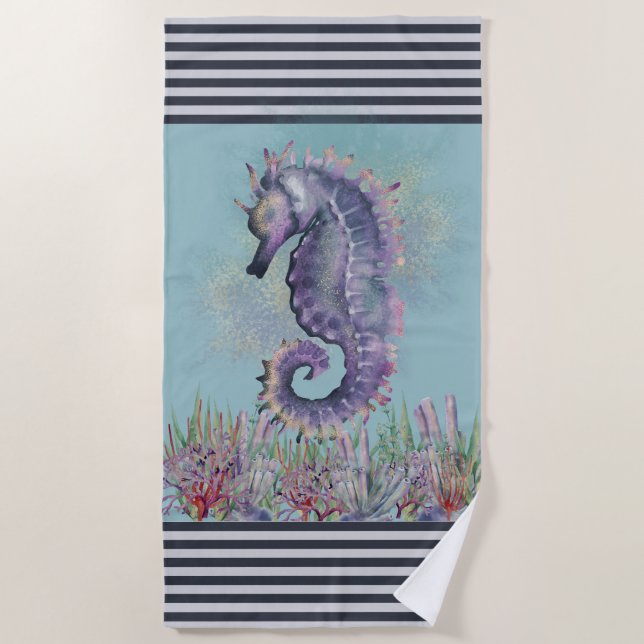 Colourful Seahorse Stripes Beach Towel (Front)