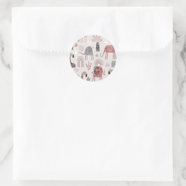 Colourful seamless pattern with cute elephants and classic round sticker (Bag)