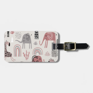 Colourful seamless pattern with cute elephants and luggage tag