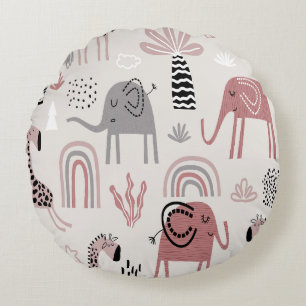 Colourful seamless pattern with cute elephants and round cushion