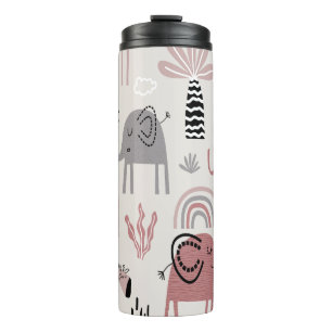 Colourful seamless pattern with cute elephants and thermal tumbler