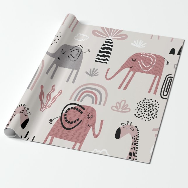 Colourful seamless pattern with cute elephants and wrapping paper (Unrolled)