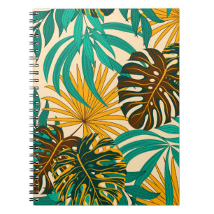 Colourful seamless pattern with tropical plants an notebook