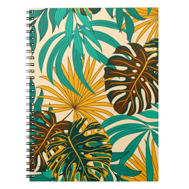 Colourful seamless pattern with tropical plants an notebook (Front)