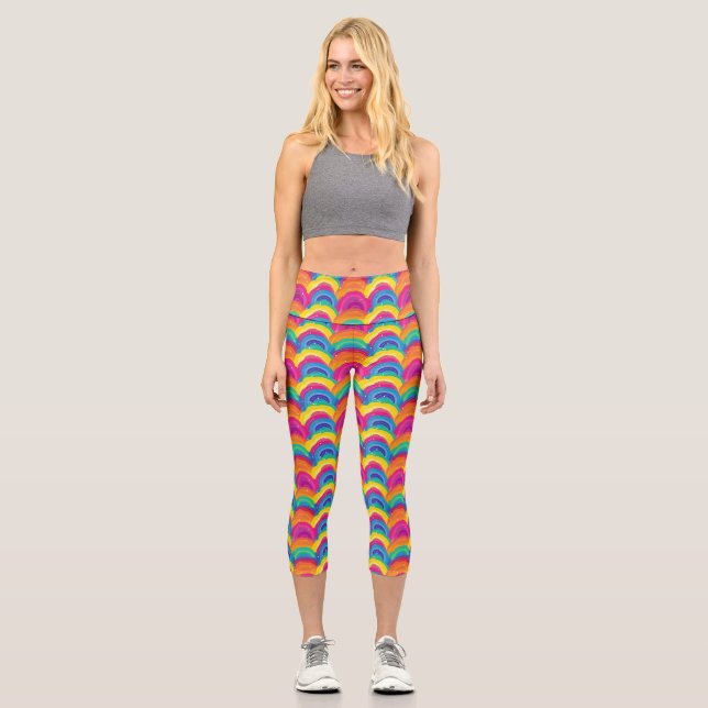 Colourful Seamless Rainbow and Wave Pattern Capri Leggings (Front)