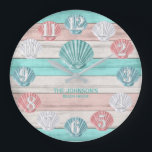 Colourful Seashell and Beach Wood Nautical  Large Clock<br><div class="desc">Square Wall Clock. Add style to the home. Featuring a soft coral, white and teal blue Beach Wood nautical design with a seashells design . ⭐This Product is 100% Customisable. Graphics and / or text can be added, deleted, moved, resized, changed around, rotated, etc... 99% of my designs in my...</div>