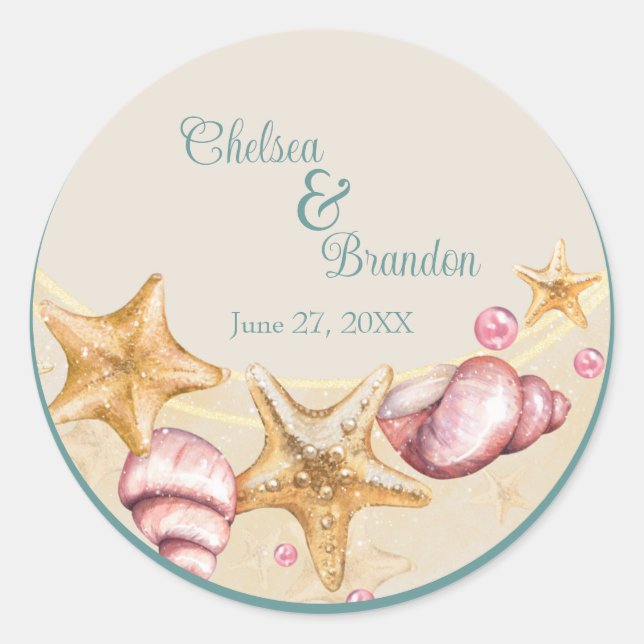 Colourful Seashell Wedding Classic Round Sticker (Front)