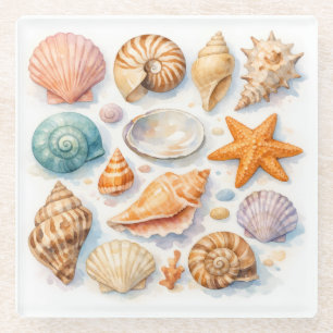 Colourful Seashells. Nautical. Glass Coaster