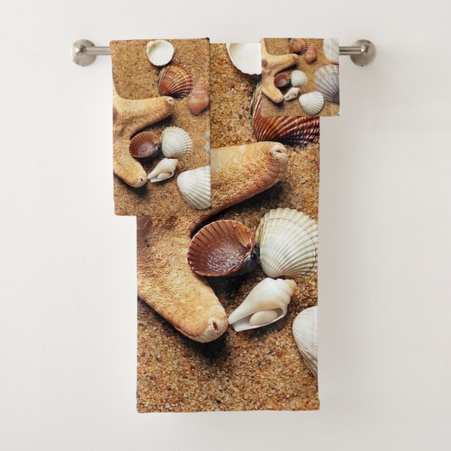 Colourful seashells on the sand bath towel set (Insitu)