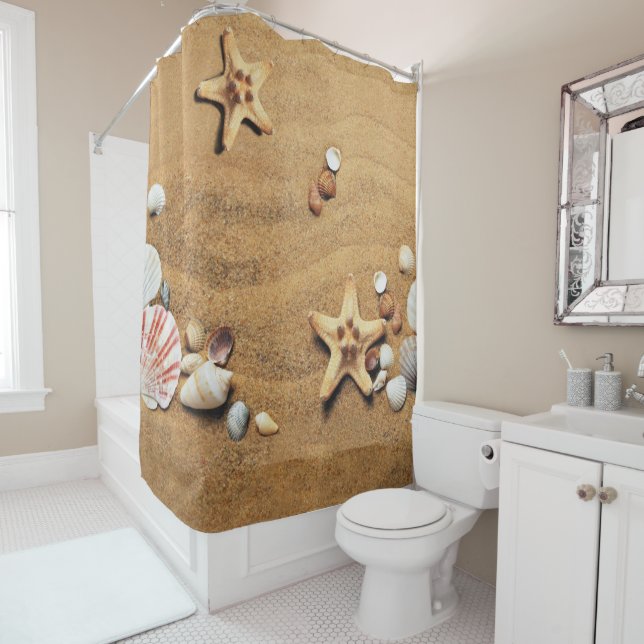 Colourful seashells on the sand shower curtain (In Situ)
