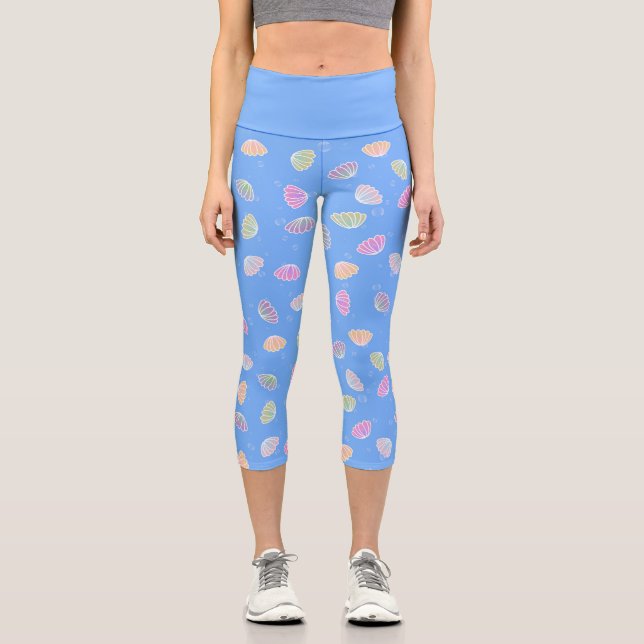 Colourful Seashells Pattern Light Blue Capri Leggings (Front)