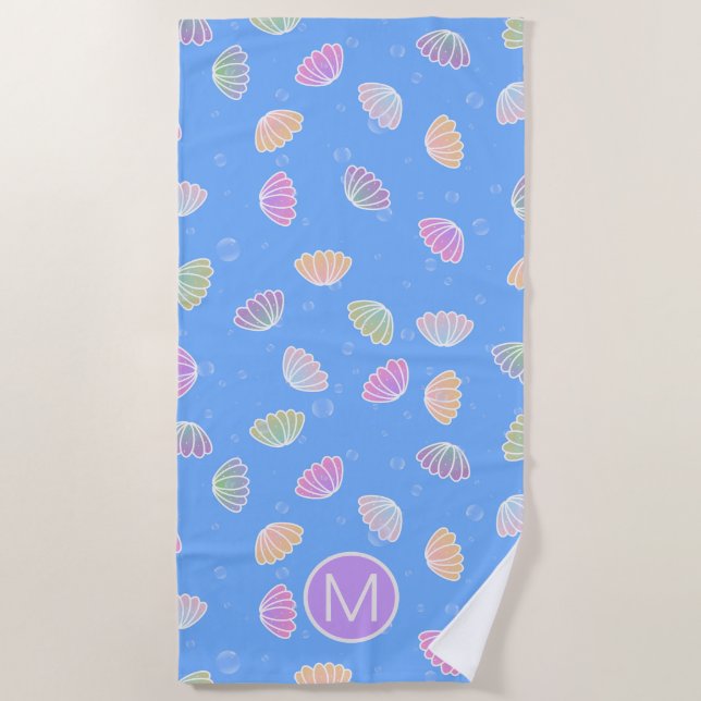 Colourful Seashells Pattern Light Blue Monogram Beach Towel (Front)