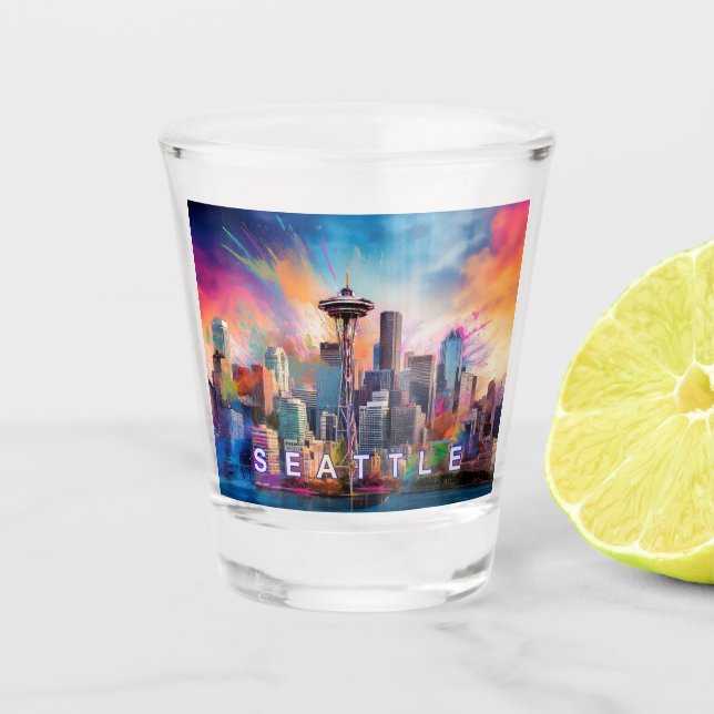 Colourful Seattle Skyline Abstract Art Shot Glass (Front)