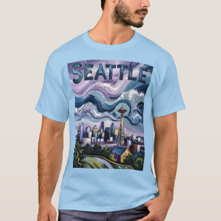 Colourful Seattle Skyline Van Gogh Painting Travel T-Shirt