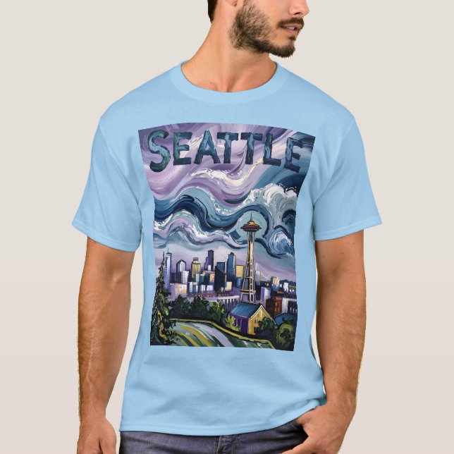 Colourful Seattle Skyline Van Gogh Painting Travel T-Shirt (Front)