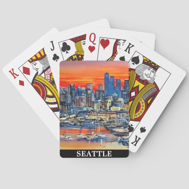 Colourful Seattle Washington Cityscape Sunset Playing Cards (Back)