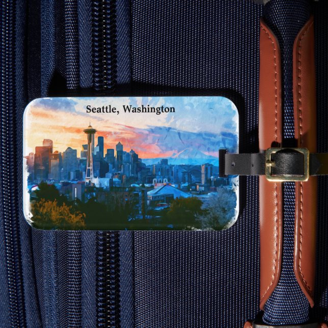 Colourful Seattle Washington Skyline Luggage Tag (Front Insitu 4)