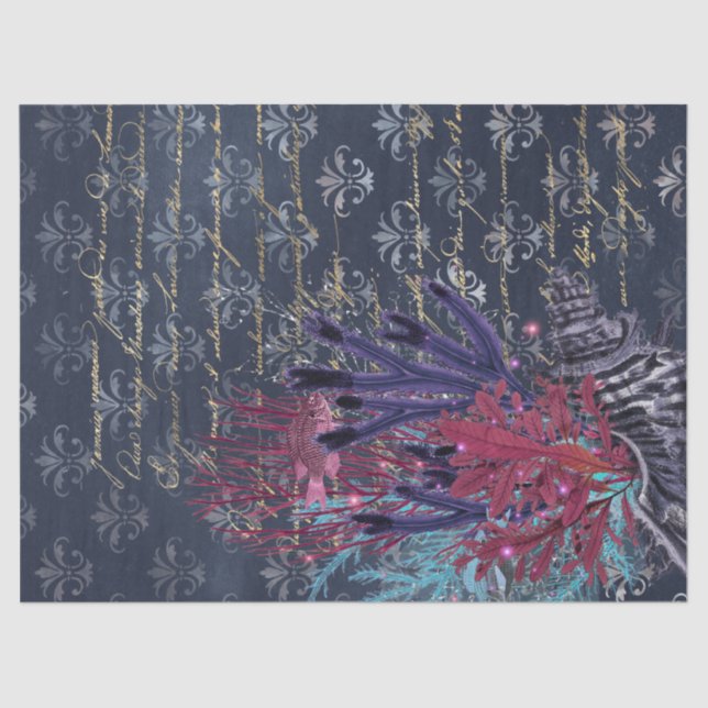 Colourful Seaweed and Fish on Blue Decoupage Tissue Paper (Front)
