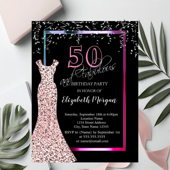 Colourful Sequins Rose Gold Dress 50th Birthday Invitation (Creator Uploaded)