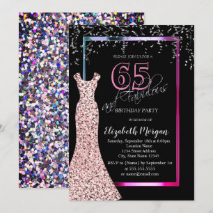 Colourful Sequins Rose Gold Dress 65th Birthday Invitation