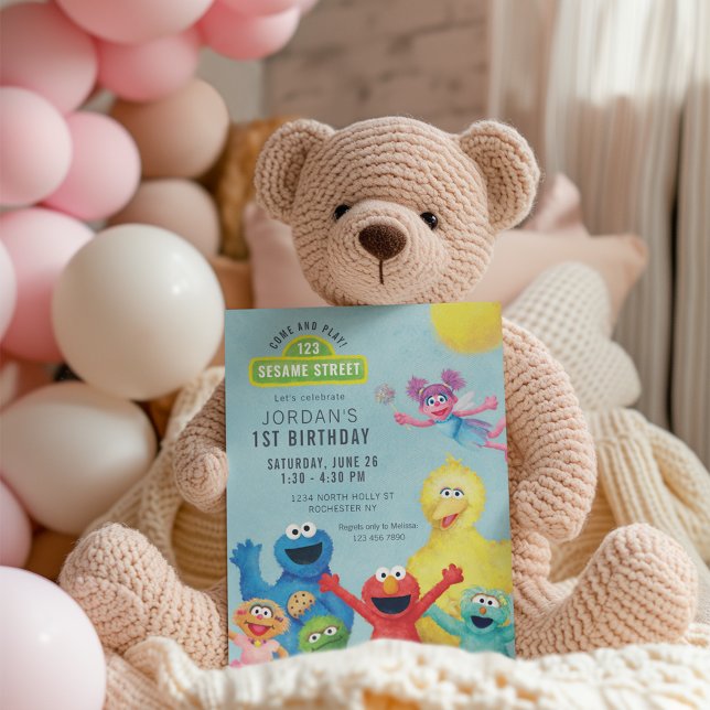 Colourful Sesame Street Illustration Birthday Part Invitation (Invitation by stuffed animal)