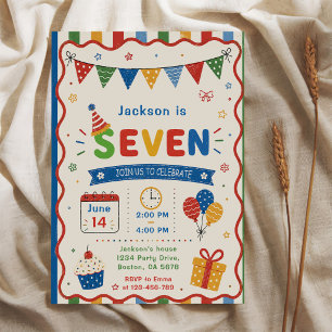 Colourful SEVEN 7th Birthday Party Invitation